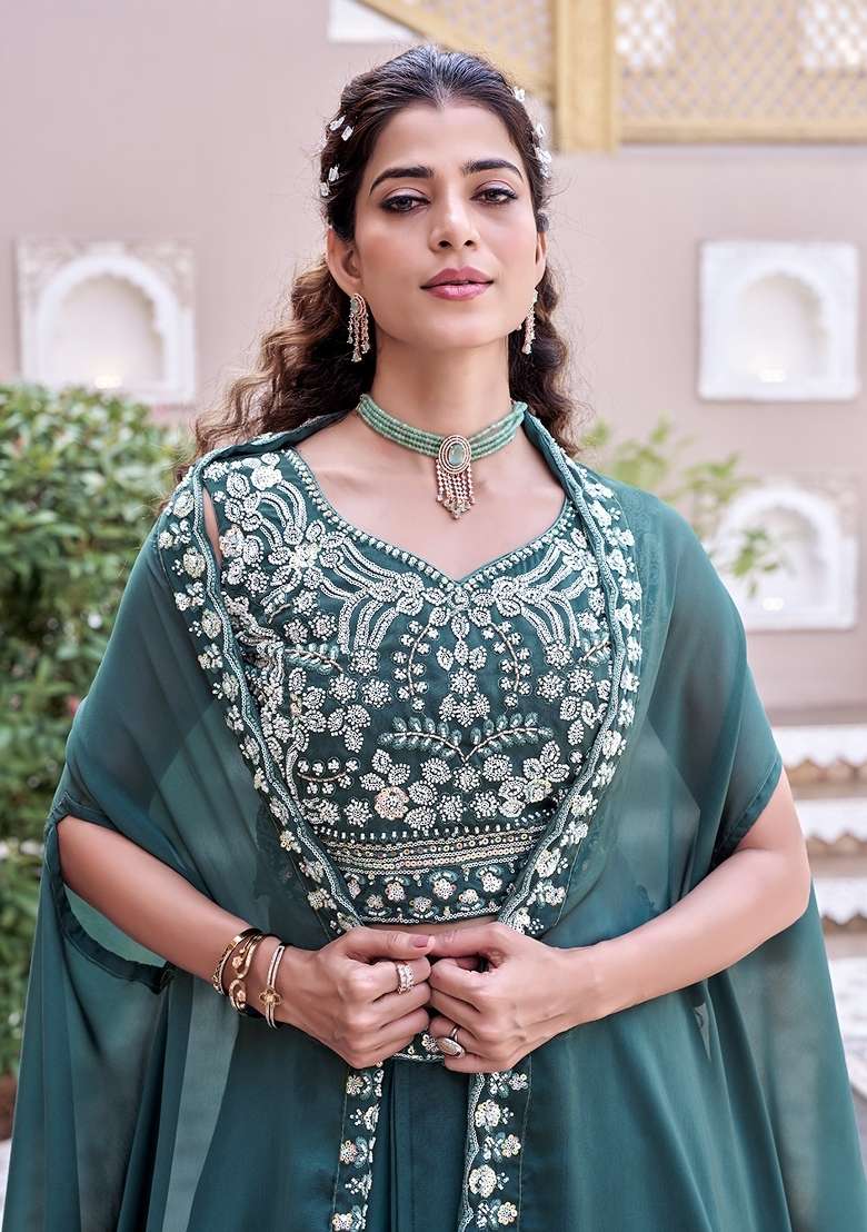 Rama Silk Blend Lehenga Set with Embroidered for Diwali | Wedding & Festive Wear - Indya