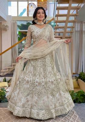 Cream Embroidered Net Lehenga Set
