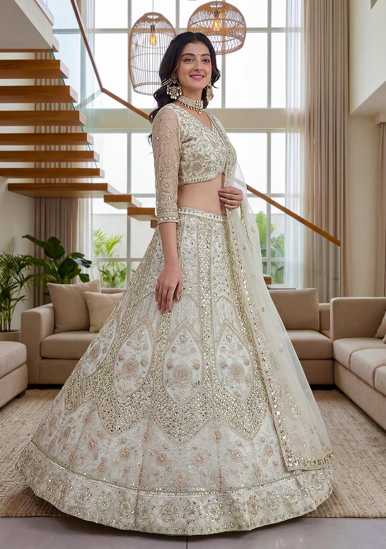 Cream Embroidered Net Lehenga Set - Indya