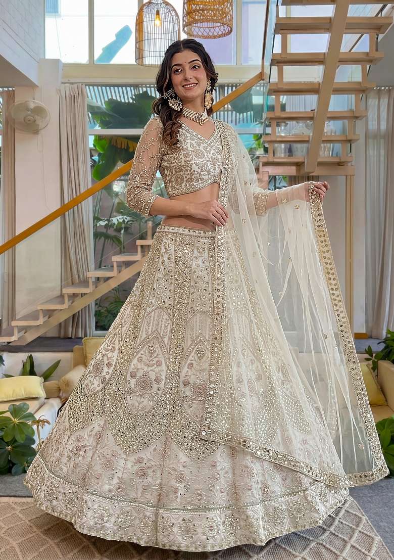 Cream Embroidered Net Lehenga Set - Indya