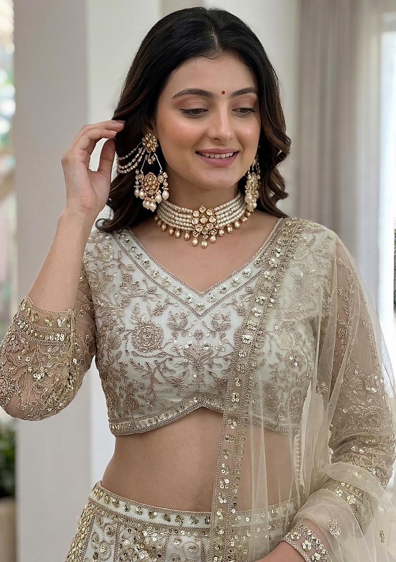 Cream Embroidered Net Lehenga Set - Indya