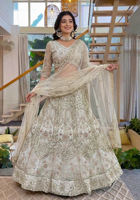 Cream Embroidered Net Lehenga Set