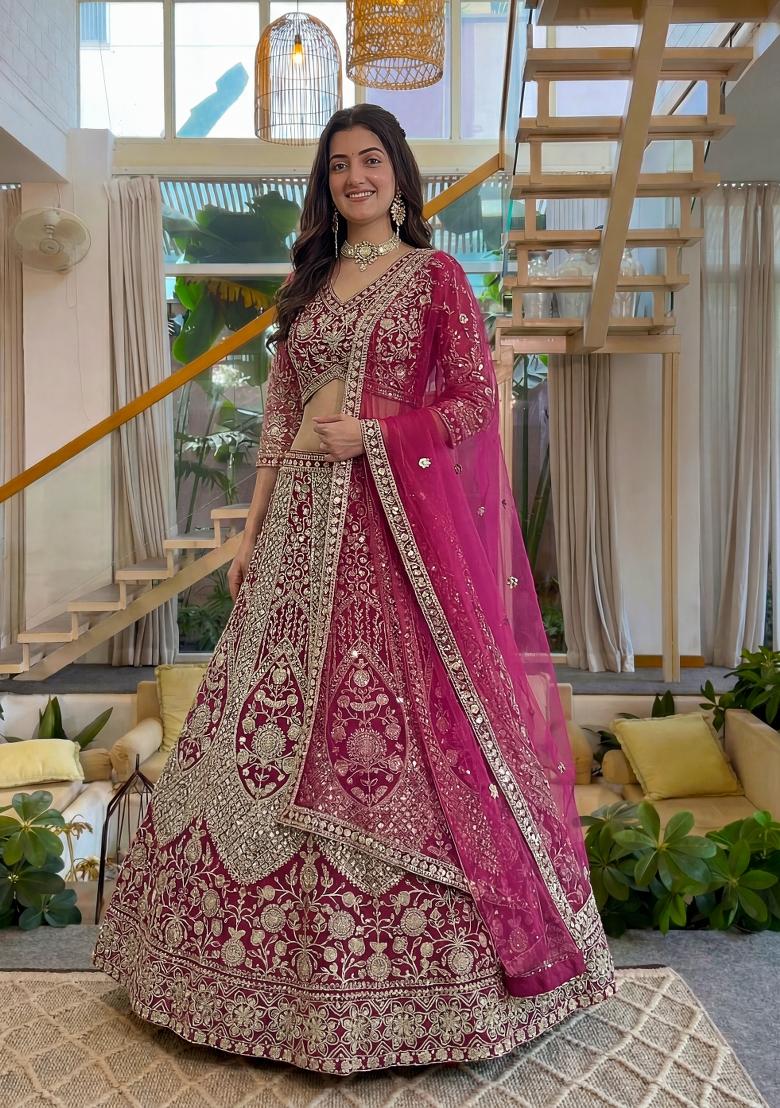Pink Embroidered Net Lehenga Set - Indya
