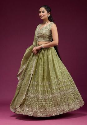 Green Embroidered Silk Blend Lehenga Set