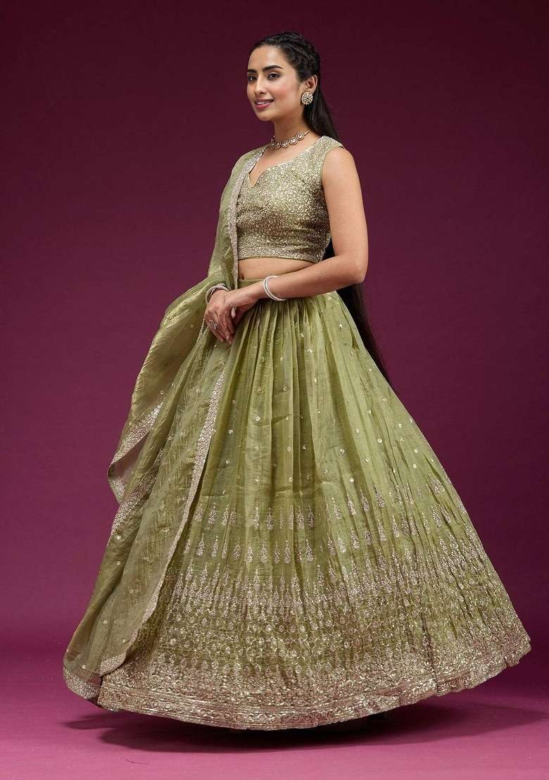 Green Silk Blend Lehenga Set with Embroidered for Diwali | Wedding & Festive Wear - Indya