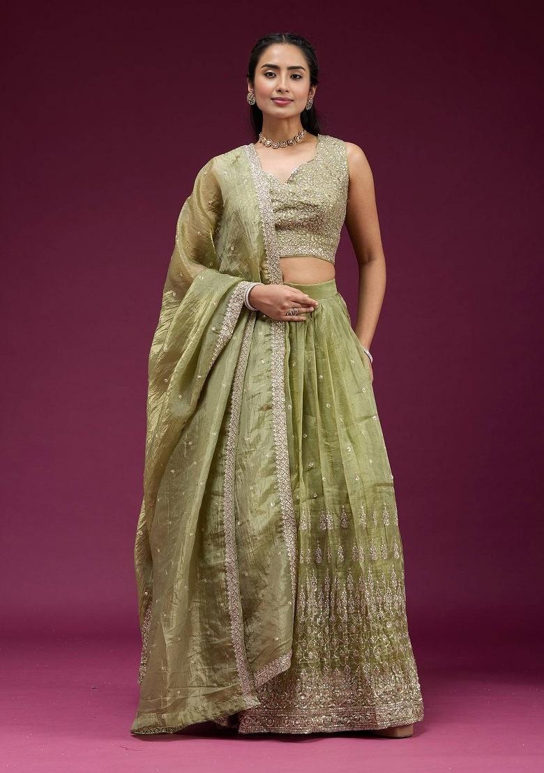 Green Embroidered Silk Blend Lehenga Set - Indya