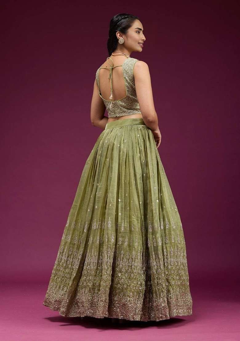 Green Silk Blend Lehenga Set with Embroidered for Diwali | Wedding & Festive Wear - Indya