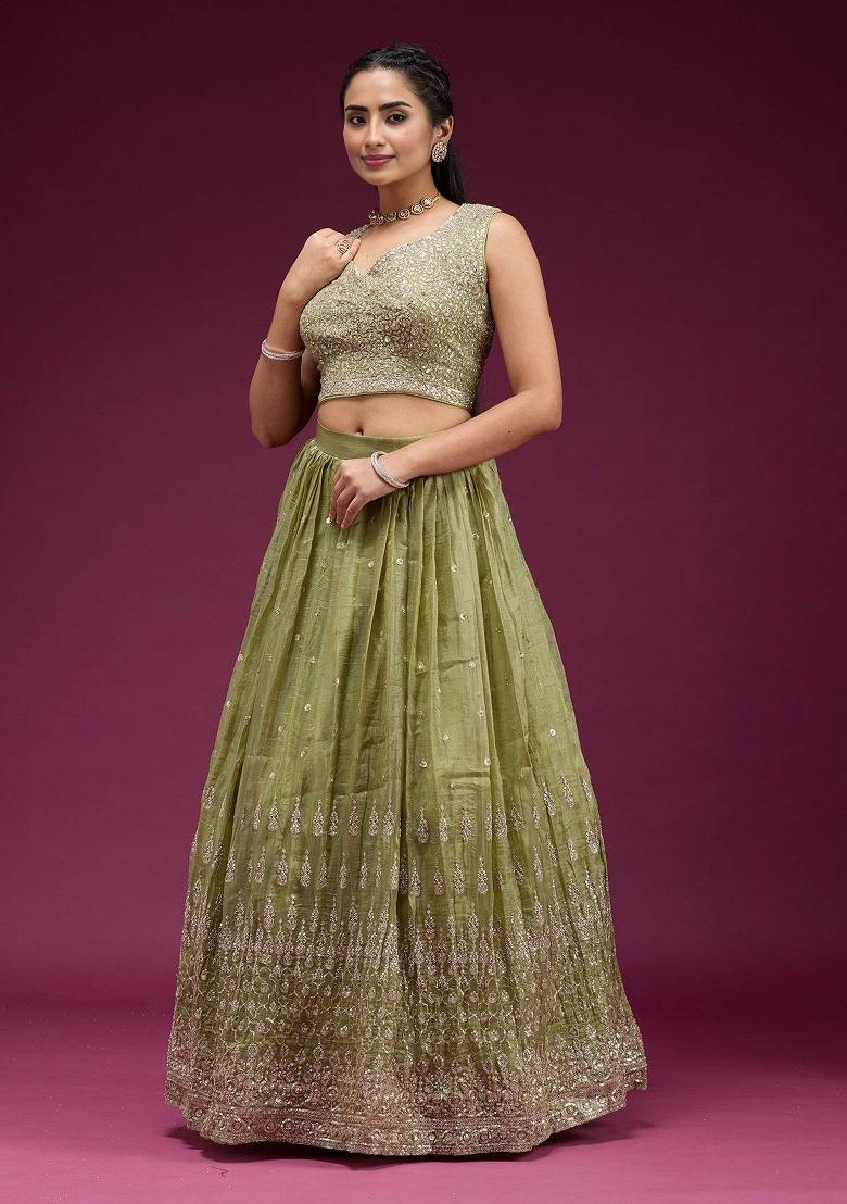 Green Embroidered Silk Blend Lehenga Set - Indya