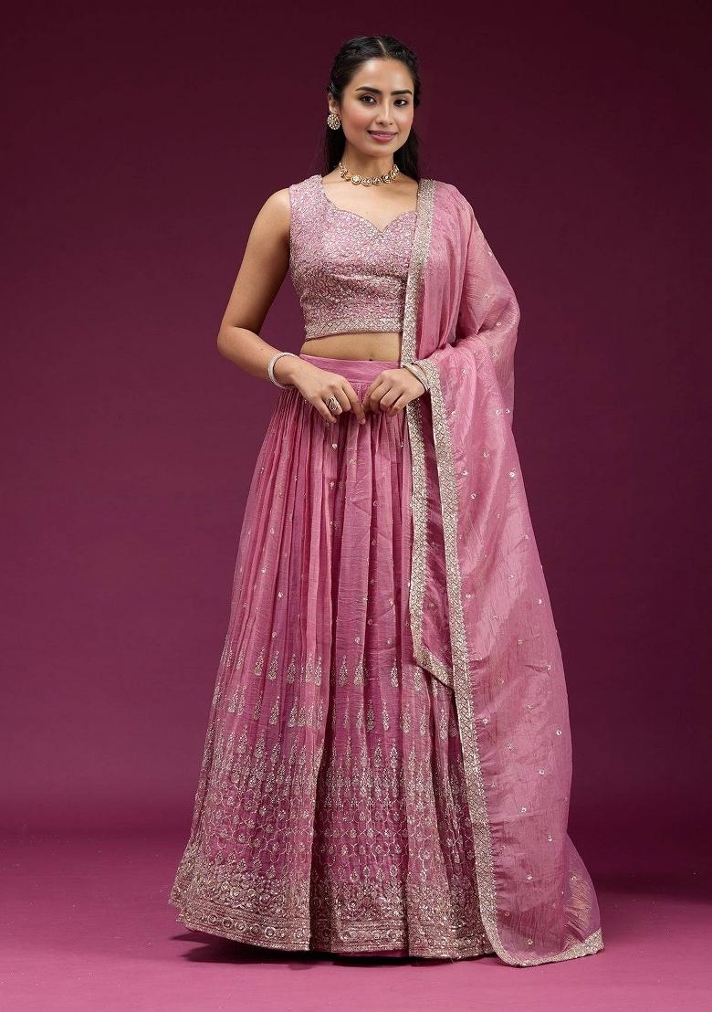 Pink Embroidered Silk Blend Lehenga Set - Indya