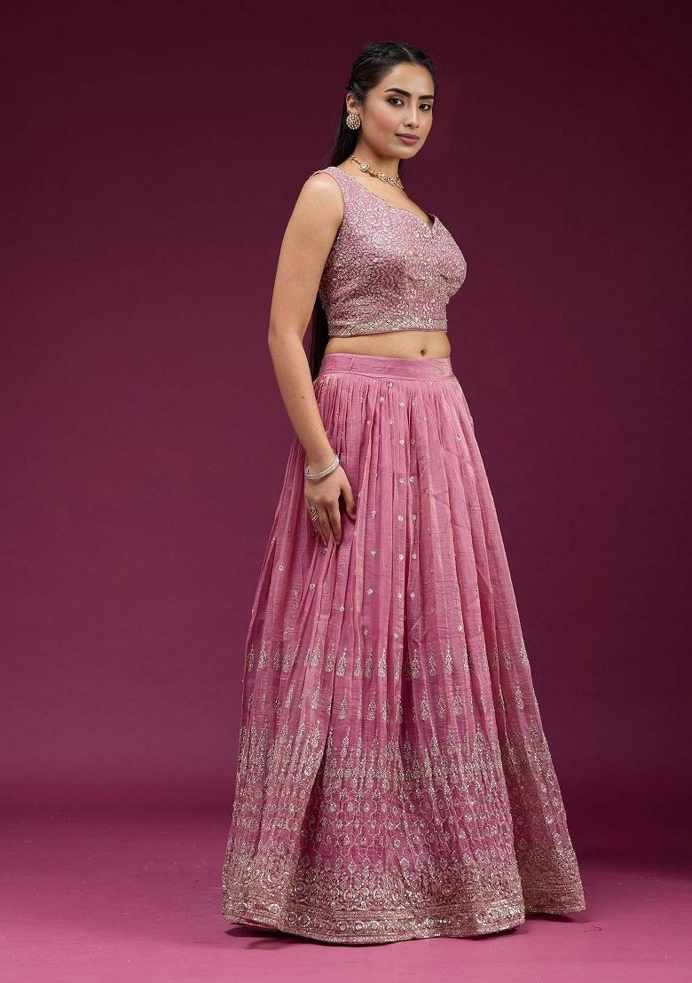 Pink Embroidered Silk Blend Lehenga Set - Indya