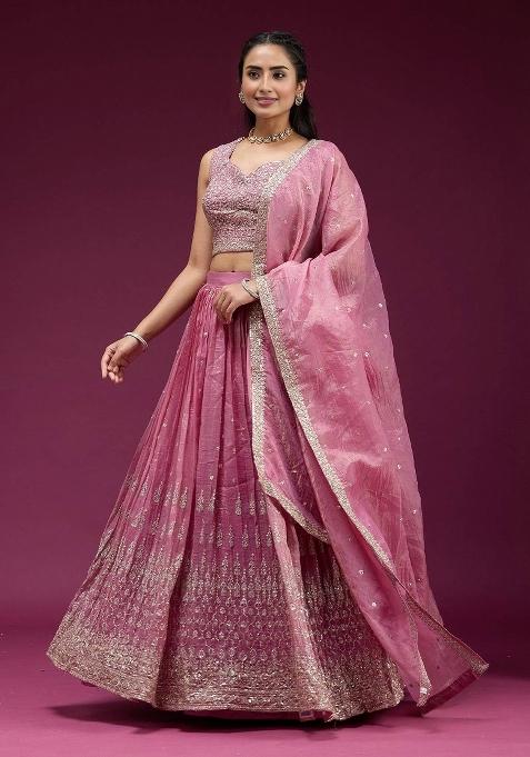 Pink Embroidered Silk Lehenga Set