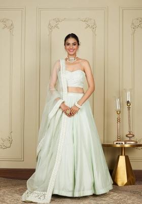 Ice Blue Embroidered Silk Blend Lehenga Set