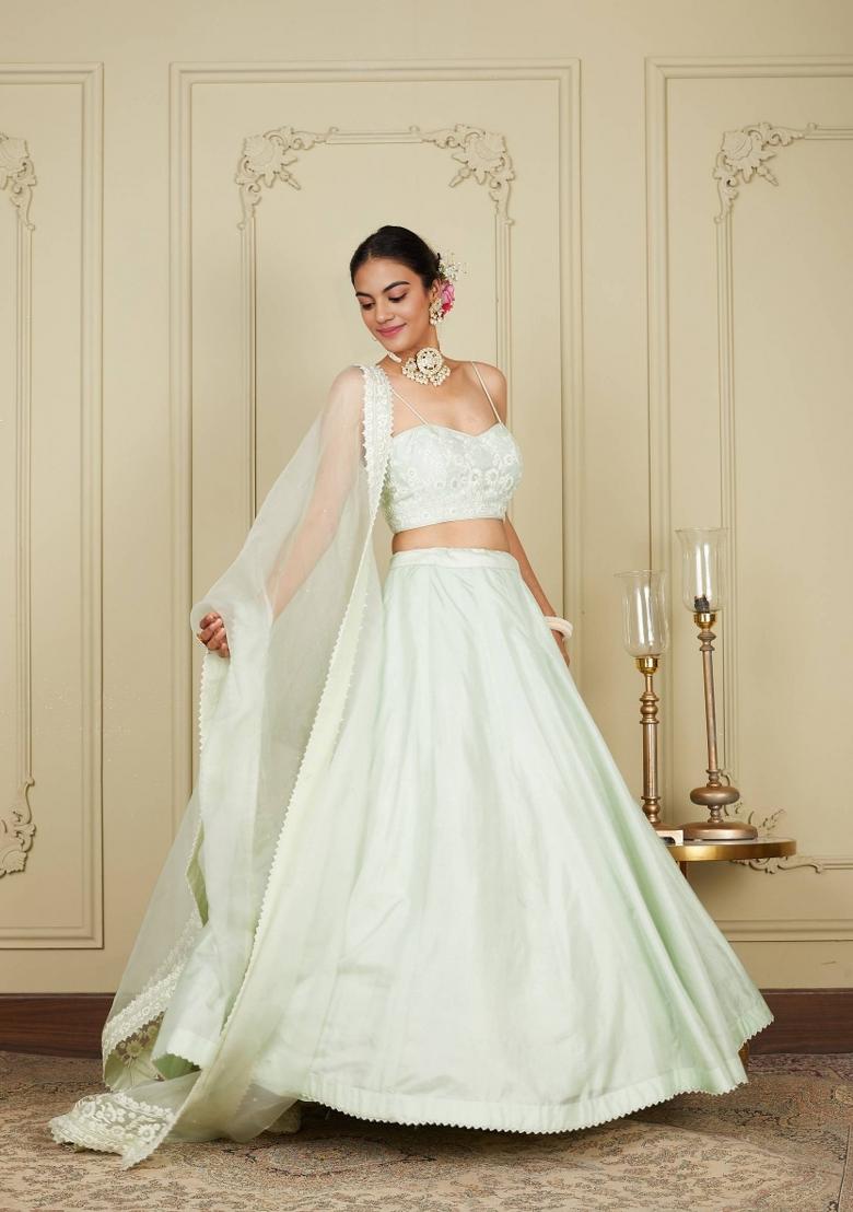 Ice Blue Embroidered Silk Blend Lehenga Set - Indya