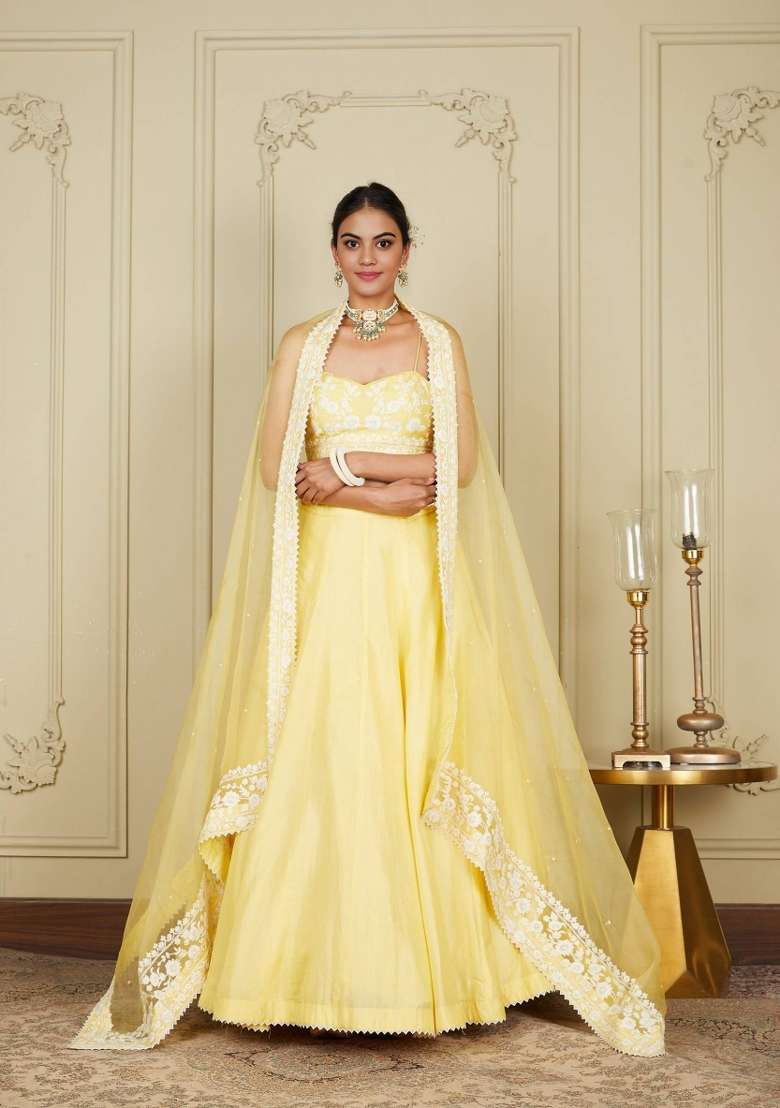 Yellow Embroidered Silk Blend Lehenga Set for Diwali and Festive Wear - Indya