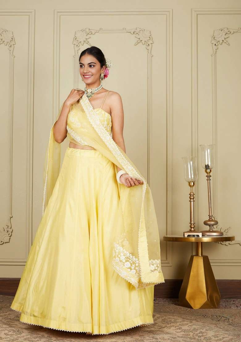 Yellow Embroidered Silk Blend Lehenga Set for Diwali and Festive Wear - Indya