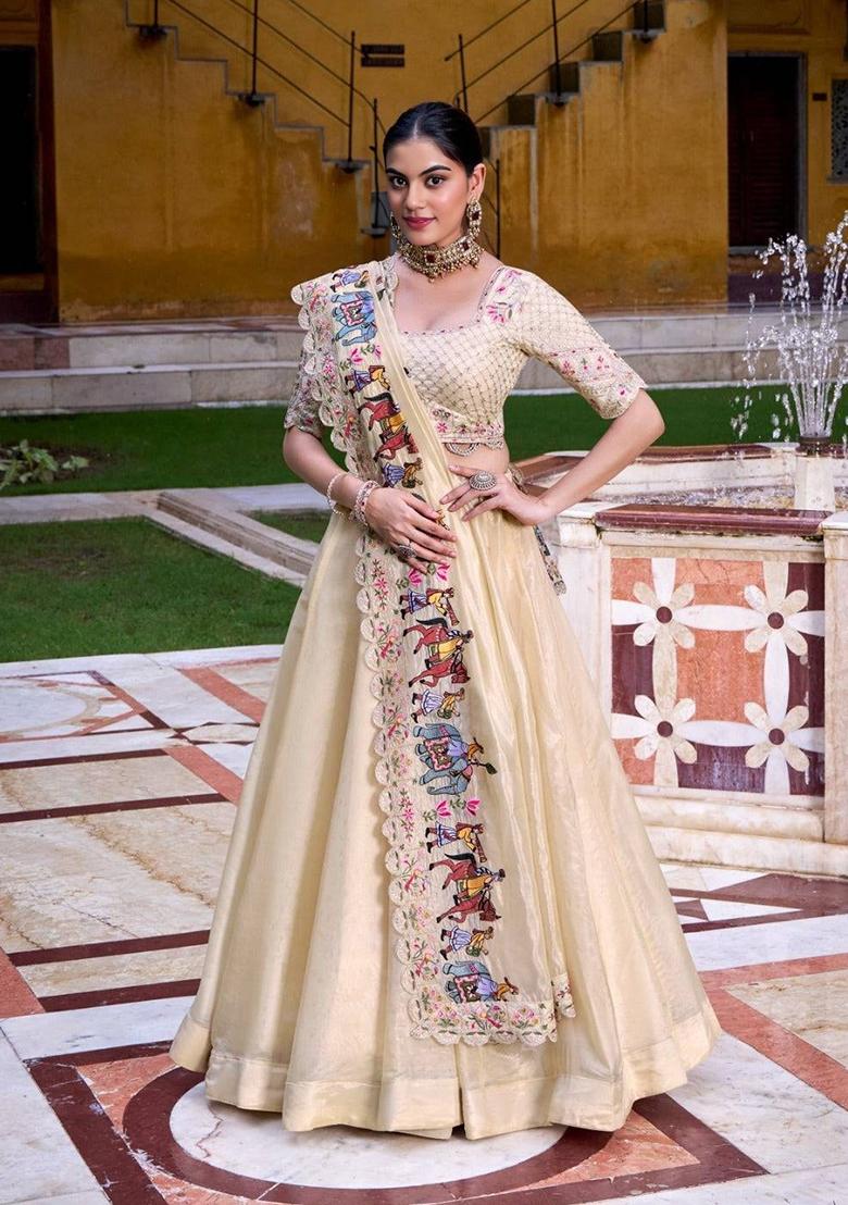 Beige Embroidered Silk Blend Lehenga Set - Indya