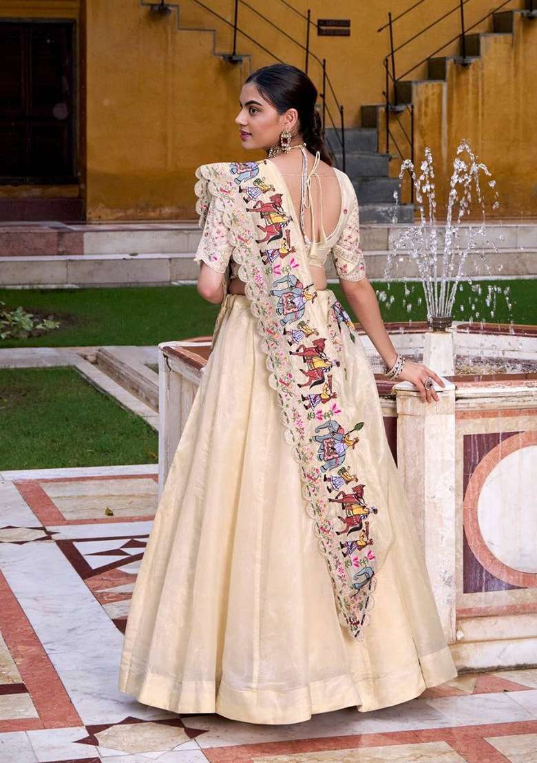 Beige Silk Blend Lehenga Set with Embroidered for Diwali | Wedding & Festive Wear - Indya