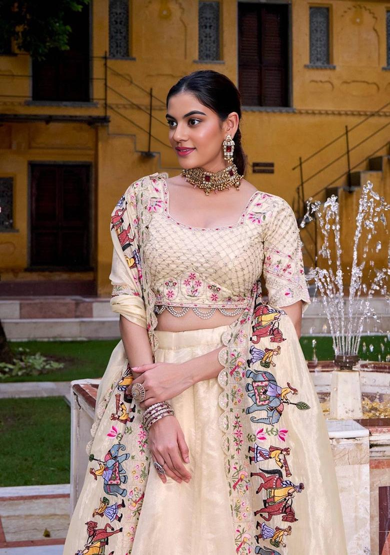 Beige Embroidered Silk Blend Lehenga Set - Indya