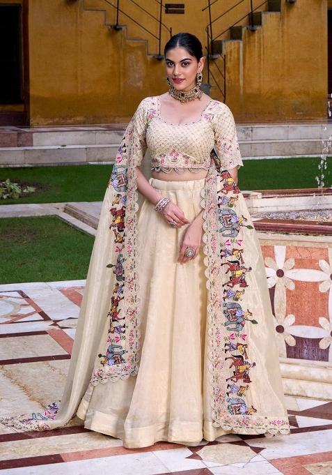 Beige Embroidered Silk Lehenga Set
