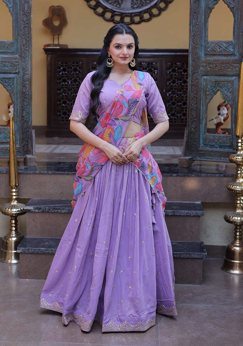 Purple Embroidered Silk Blend Lehenga Set for Diwali and Festive Wear - Indya