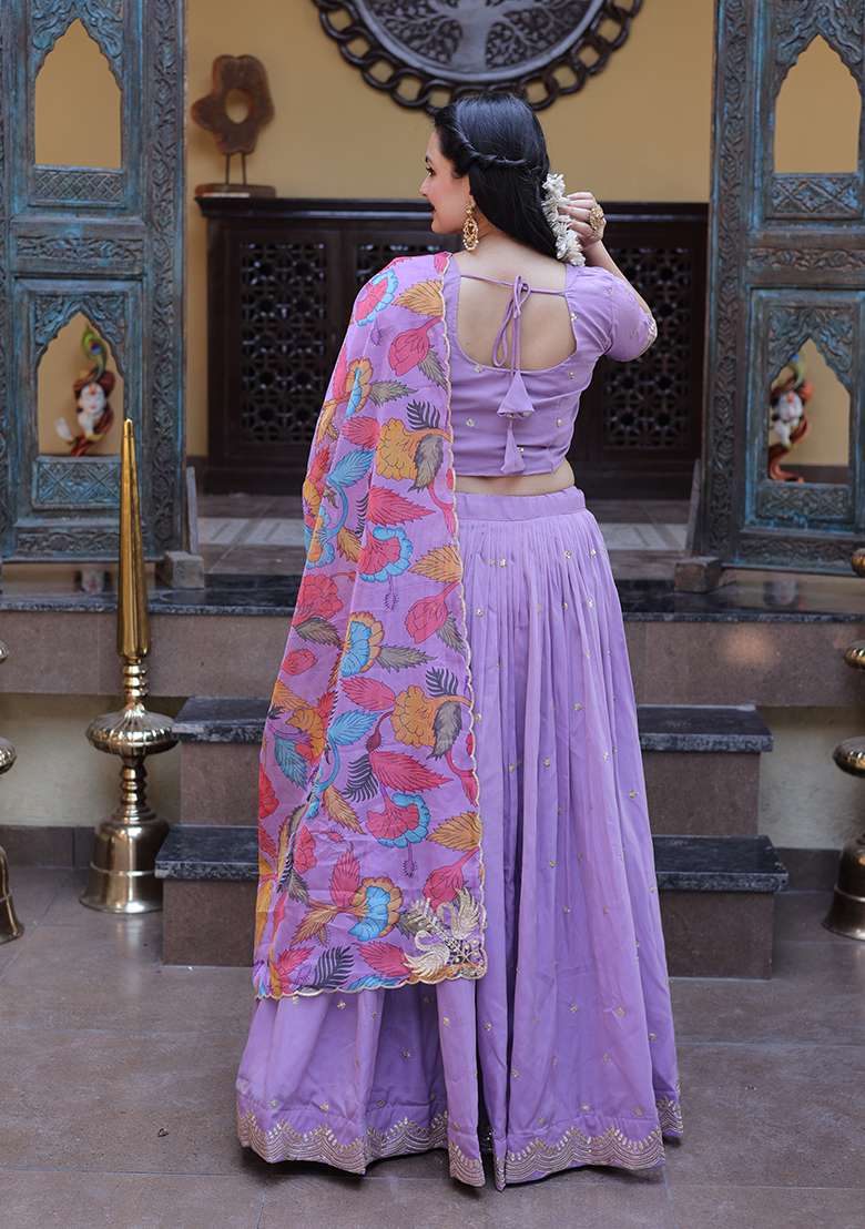 Purple Embroidered Silk Blend Lehenga Set for Diwali and Festive Wear - Indya