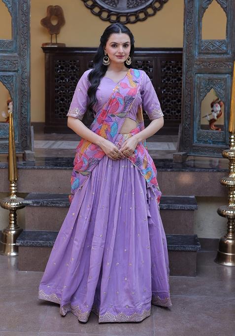 Purple Embroidered Silk Blend Lehenga Set