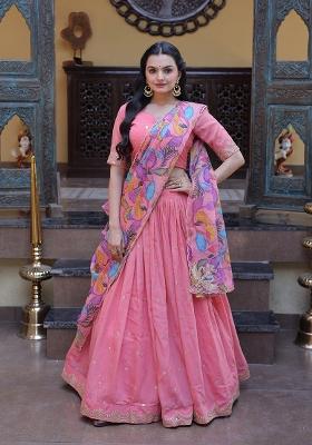 Peach Embroidered Silk Blend Lehenga Set