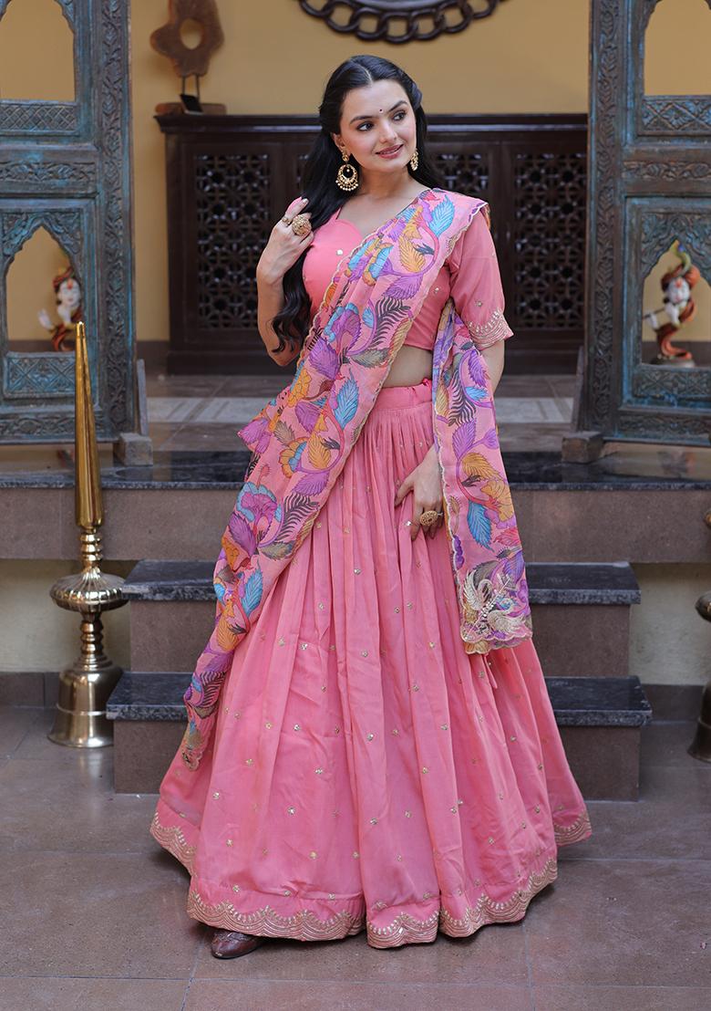 Peach Embroidered Silk Blend Lehenga Set - Indya