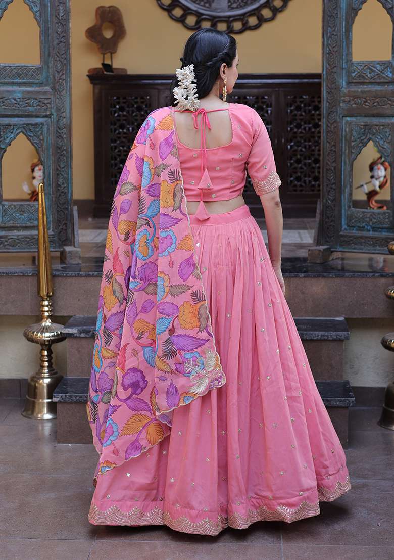 Peach Silk Blend Lehenga Set with Embroidered for Diwali | Wedding & Festive Wear - Indya