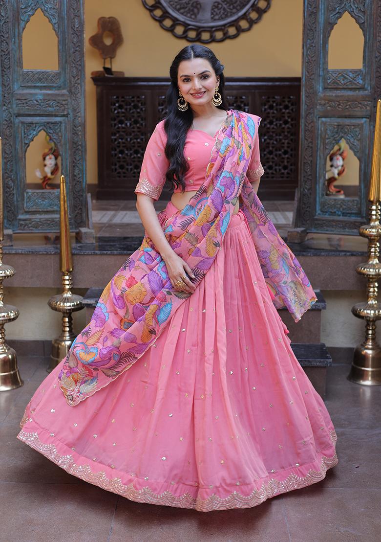 Peach Embroidered Silk Blend Lehenga Set - Indya