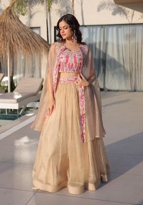 Off White Embroidered Silk Blend Lehenga Set
