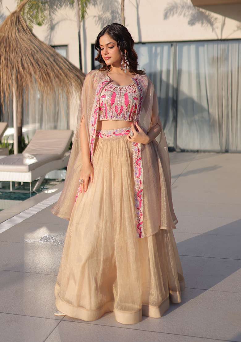 Off White Embroidered Silk Blend Lehenga Set for Diwali and Festive Wear - Indya
