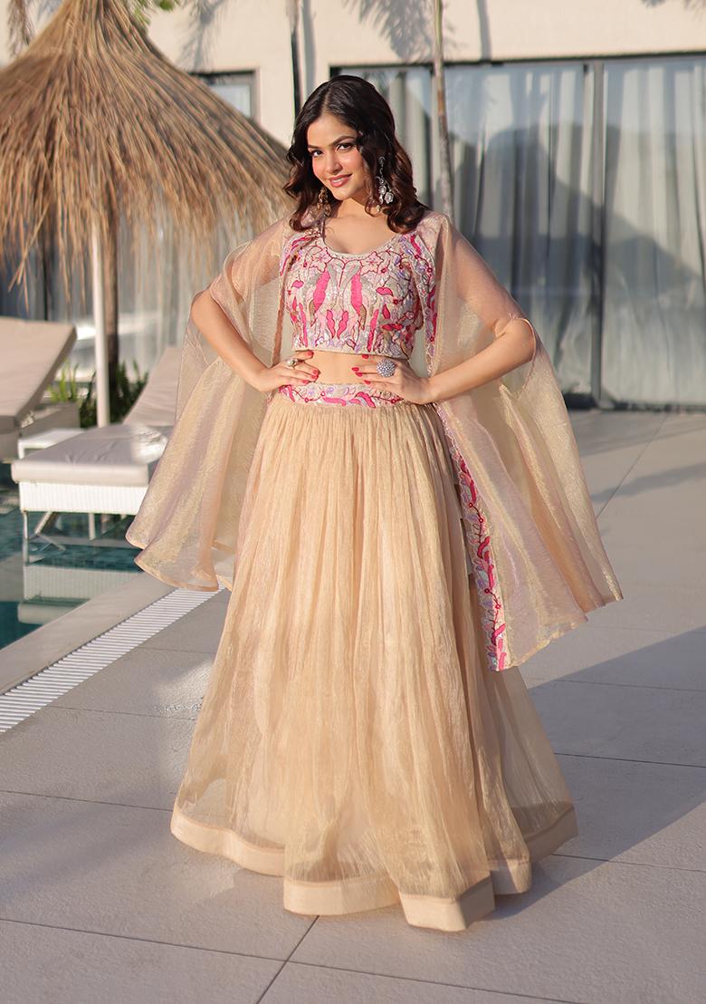 Off White Embroidered Silk Blend Lehenga Set - Indya