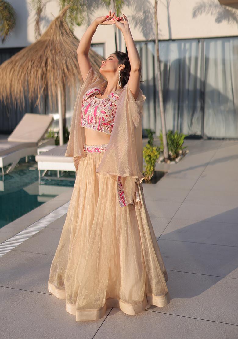 Off White Embroidered Silk Blend Lehenga Set - Indya