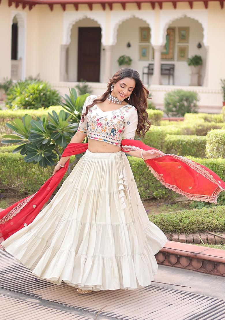 Red Zari Work Silk Blend Lehenga Set - Indya