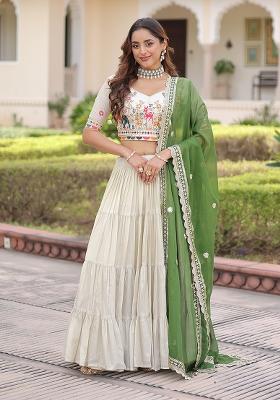 Green Zari Work Silk Blend Lehenga Set