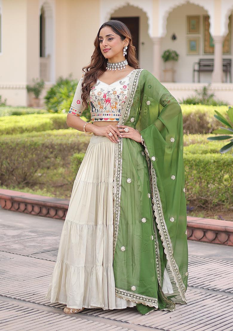 Green Zari Work Silk Blend Lehenga Set - Indya