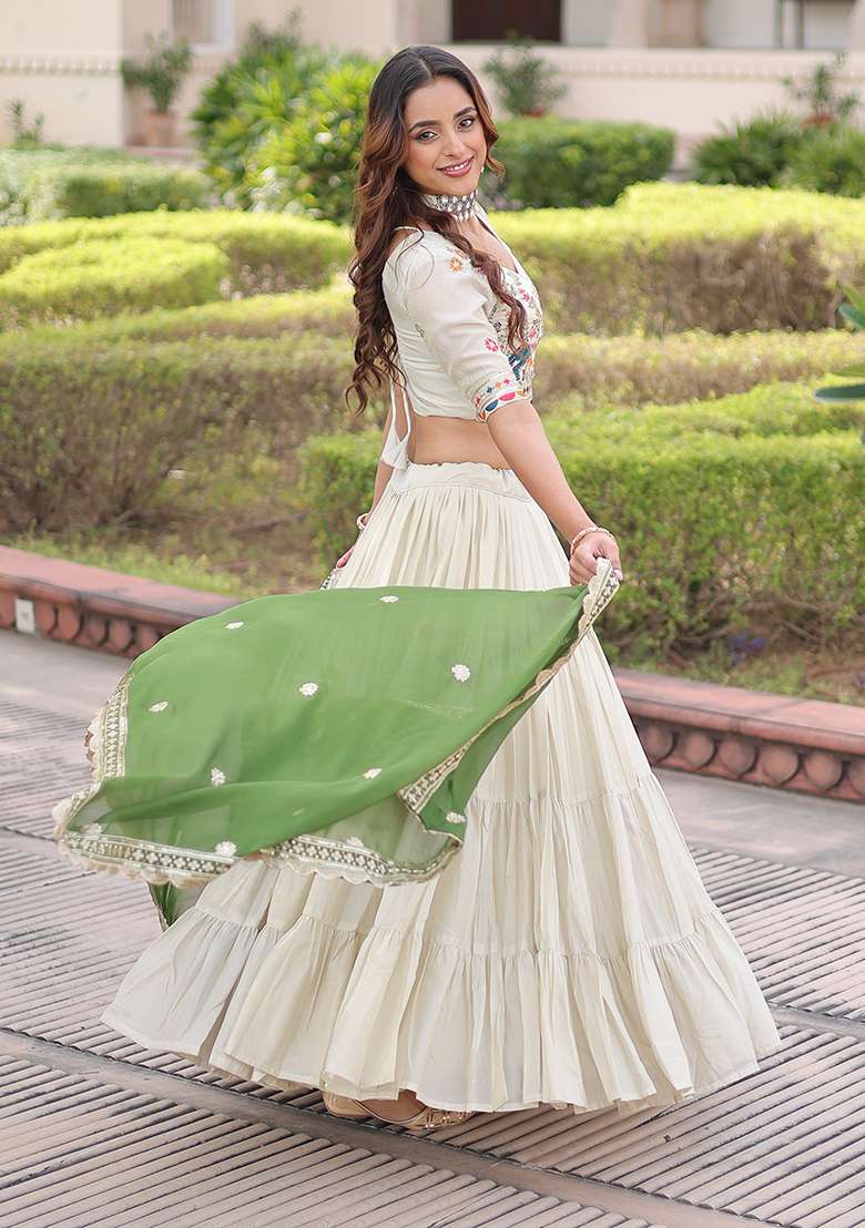 Green Silk Blend Lehenga Set with Zari Work for Diwali | Wedding & Festive Wear - Indya