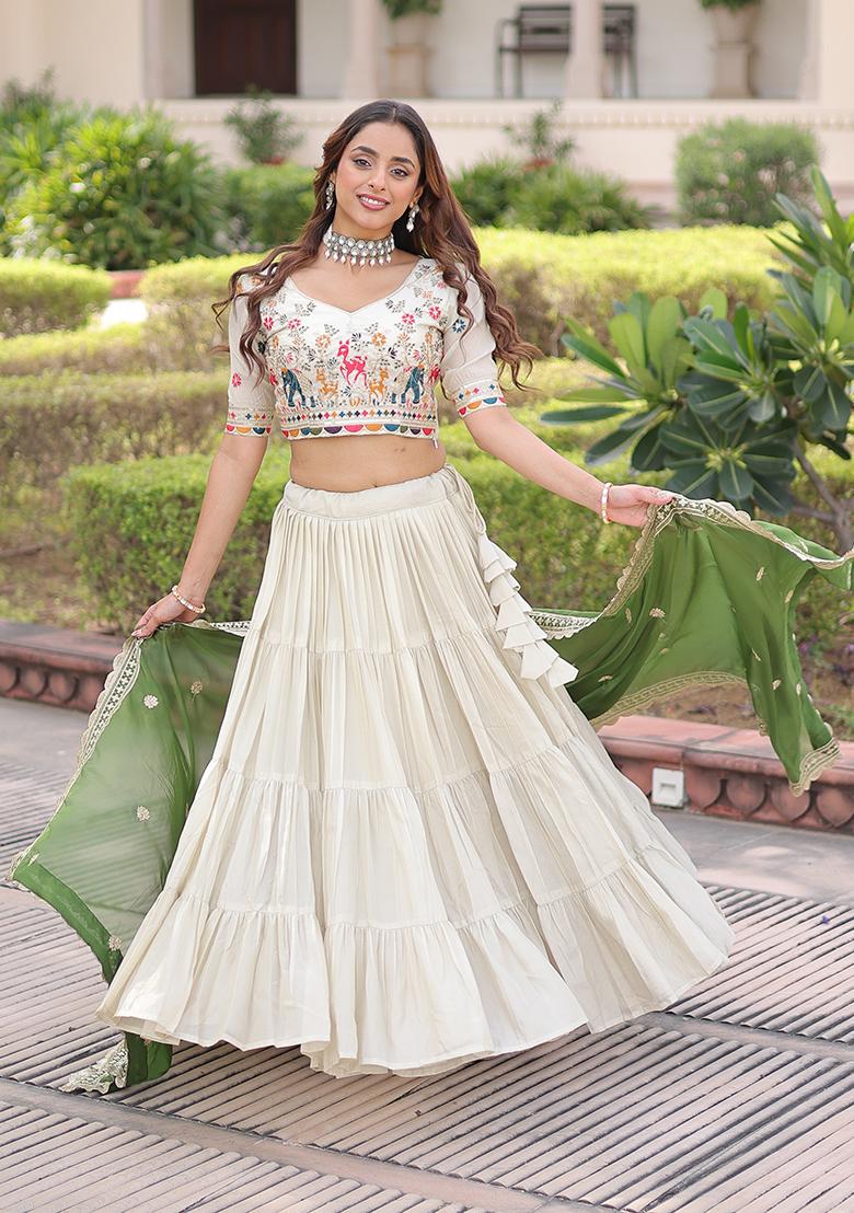 Green Zari Work Silk Blend Lehenga Set - Indya