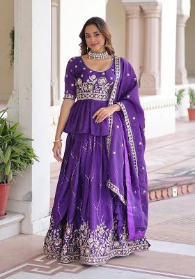 Purple Embroidered Gold Crush Lehenga Set