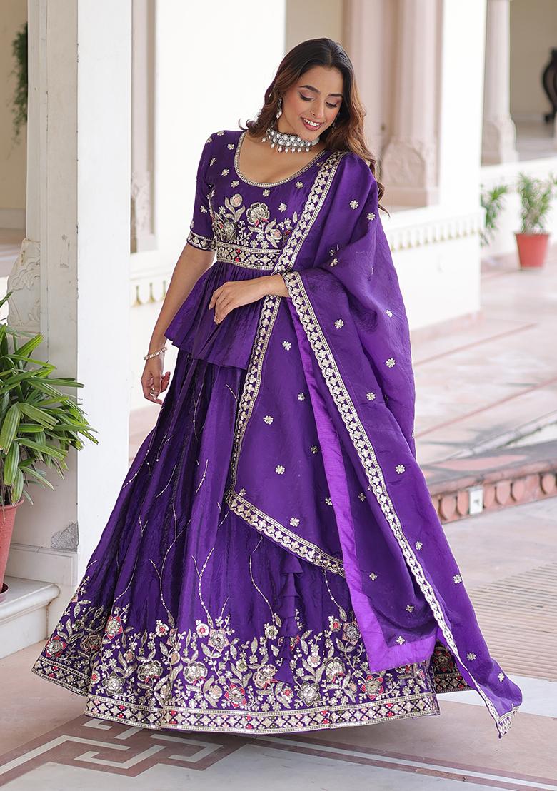 Purple Embroidered Gold Crush Lehenga Set - Indya