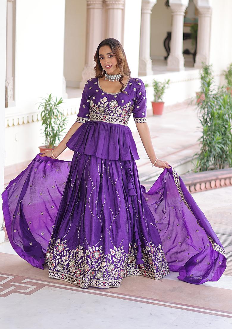 Purple Embroidered Gold Crush Lehenga Set - Indya
