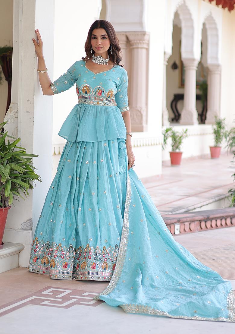 Sky Blue Embroidered Gold Crush Lehenga Set - Indya
