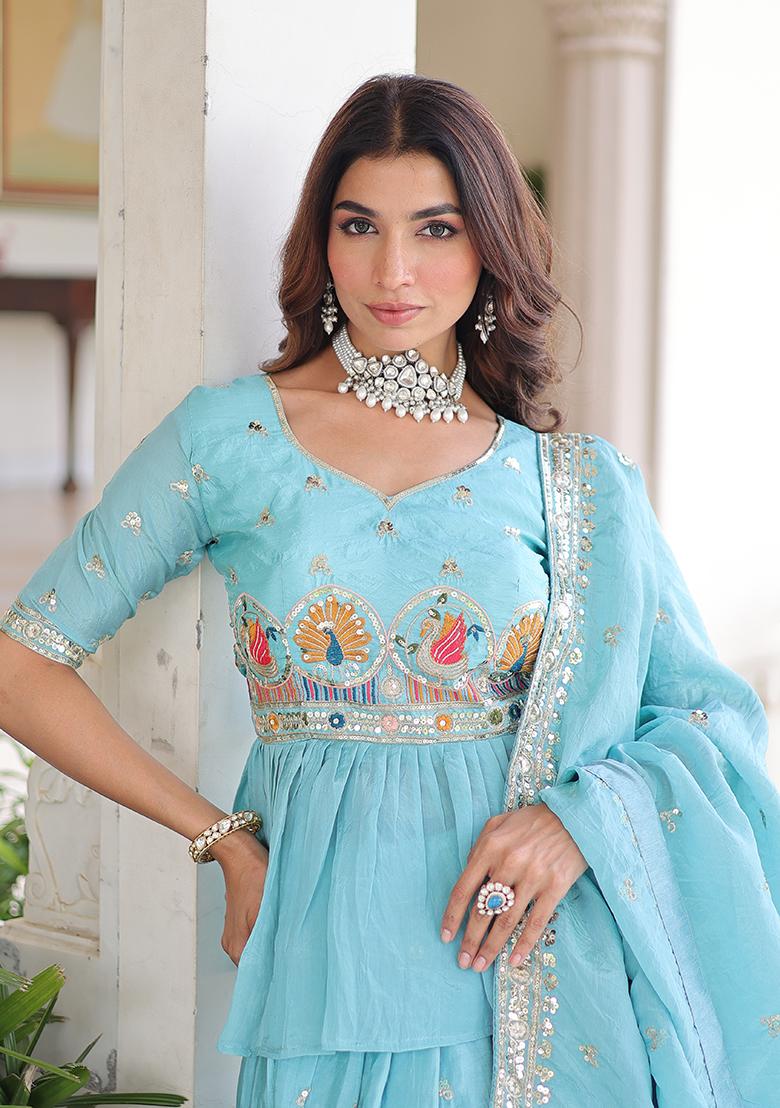 Sky Blue Embroidered Gold Crush Lehenga Set - Indya
