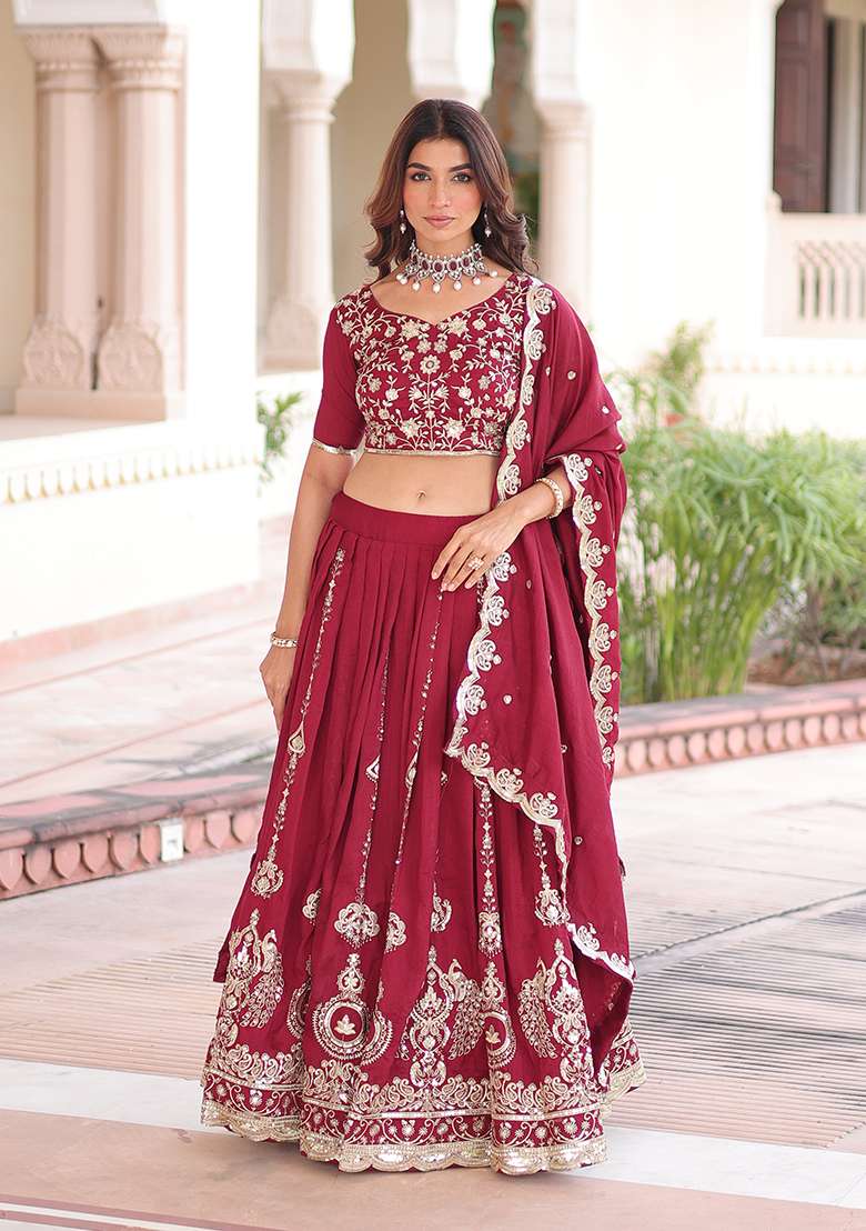Maroon Embroidered Silk Blend Lehenga Set for Diwali and Festive Wear - Indya