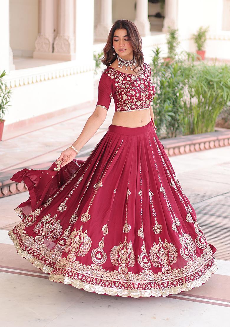 Maroon Embroidered Silk Blend Lehenga Set - Indya