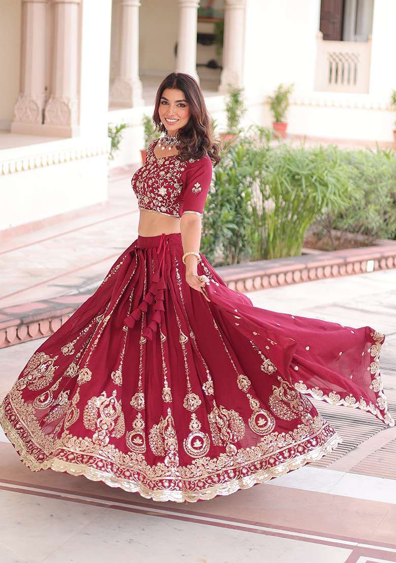 Maroon Embroidered Silk Blend Lehenga Set for Diwali and Festive Wear - Indya