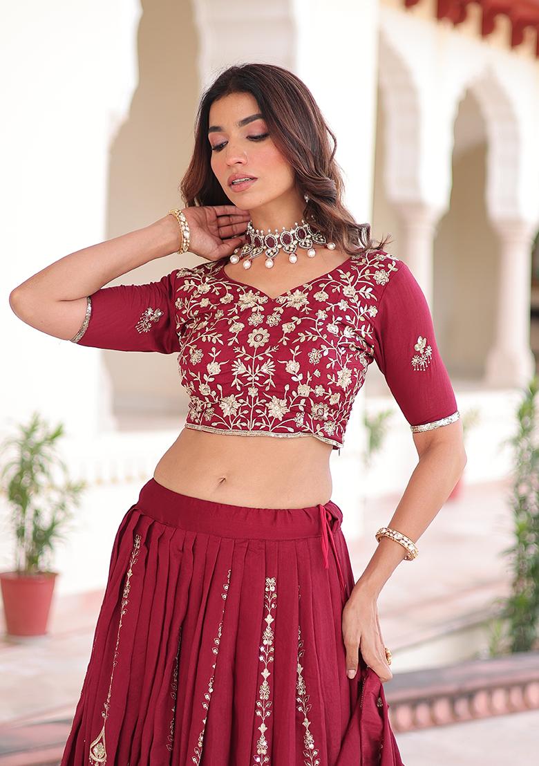 Maroon Embroidered Silk Blend Lehenga Set - Indya