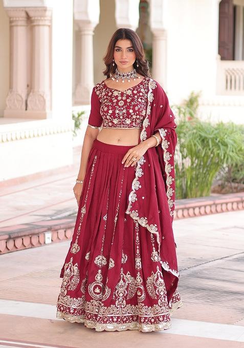 Maroon Embroidered Silk Blend Lehenga Set