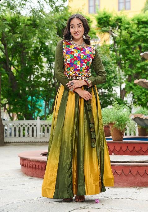 Green Embroidered Chinon Lehenga Set